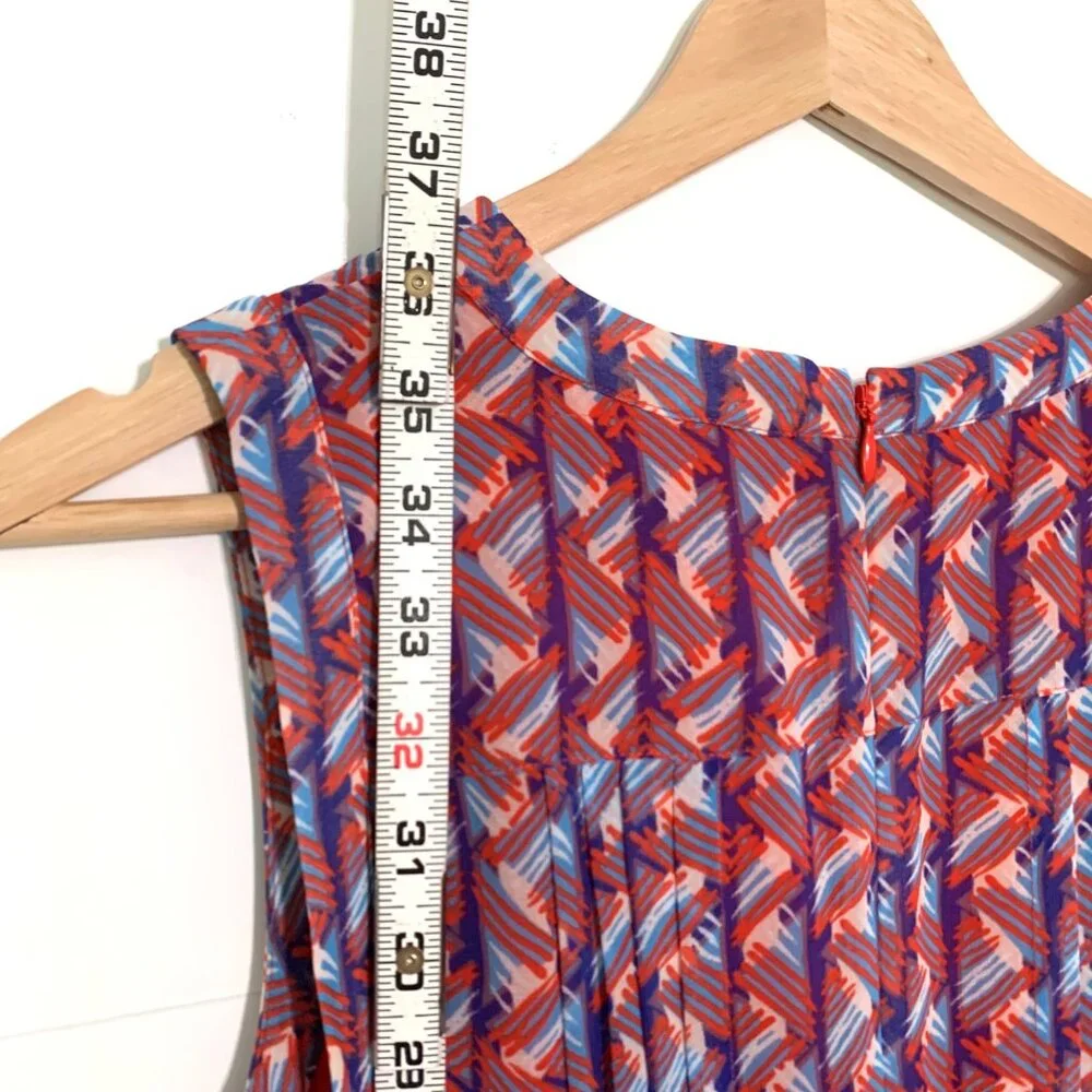 Halogen Sleeveless Red & Blue Geometric Print Dress Size 2 Pleated A-Line V-Neck